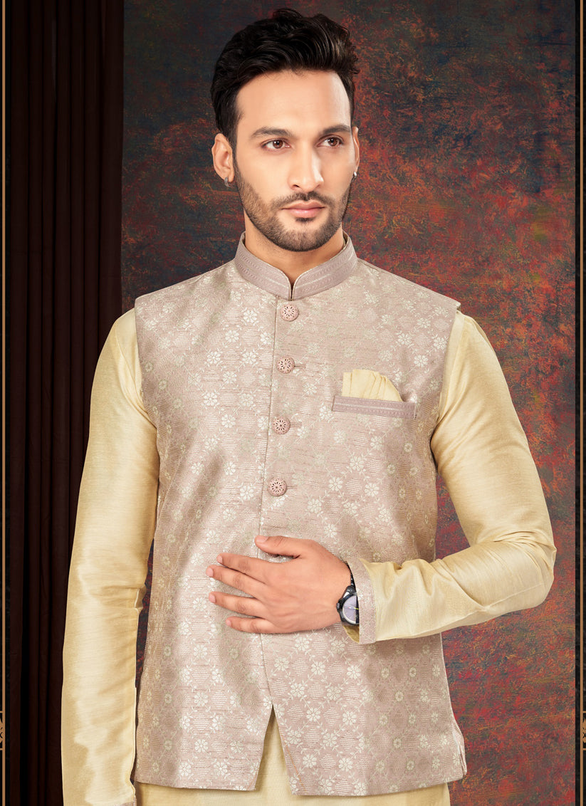 Beige Mens Kurta Pajama Set With Jacket