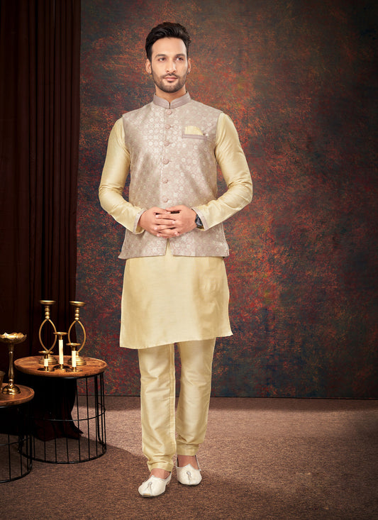 Beige Mens Kurta Pajama Set With Jacket