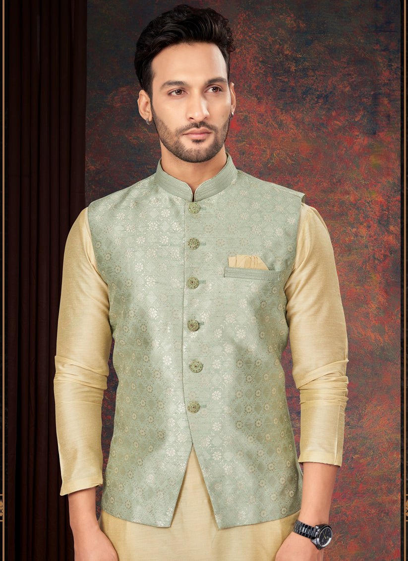 Beige Mens Kurta Pajama Set With Jacket