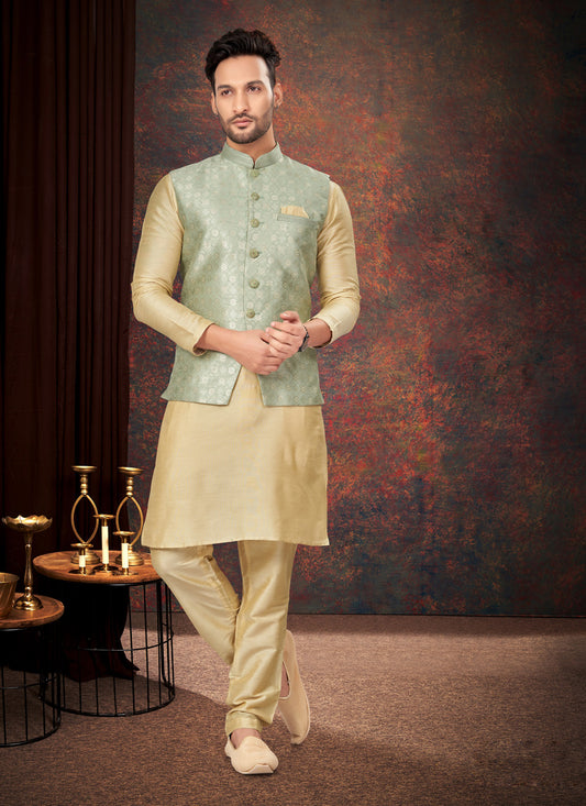 Beige Mens Kurta Pajama Set With Jacket