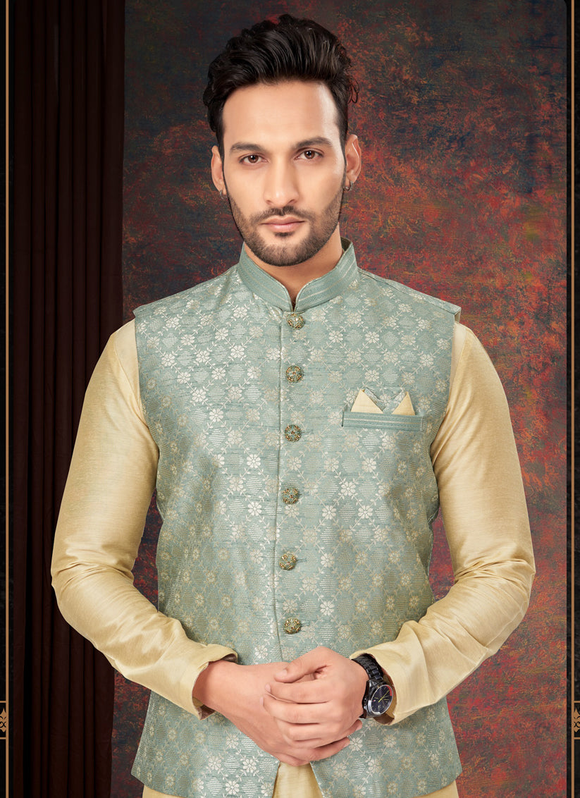 Beige Mens Kurta Pajama Set With Jacket