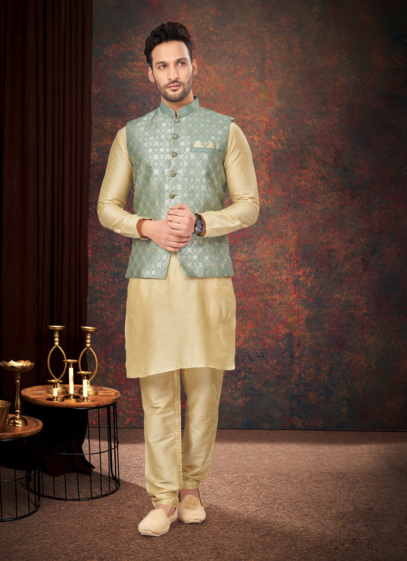 Beige Mens Kurta Pajama Set With Jacket