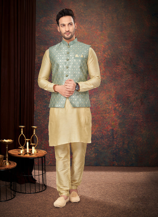 Beige Mens Kurta Pajama Set With Jacket