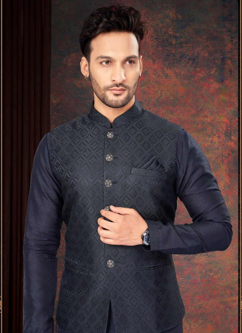 Navy Blue Mens Kurta Pajama Set With Jacket