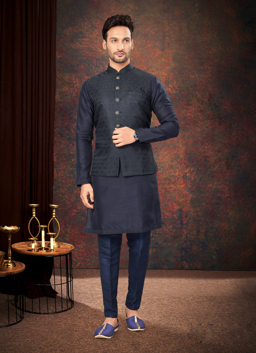 Navy Blue Mens Kurta Pajama Set With Jacket