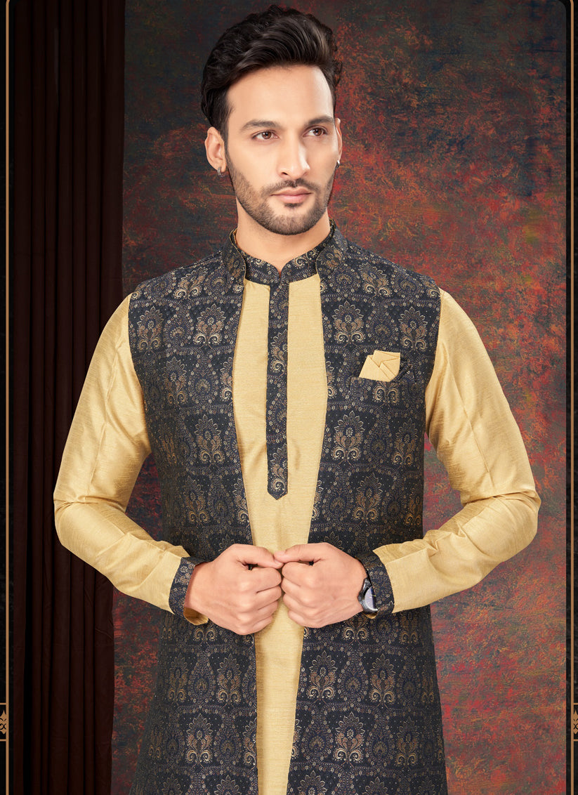 Navy Blue Mens Kurta Pajama Set With Jacket