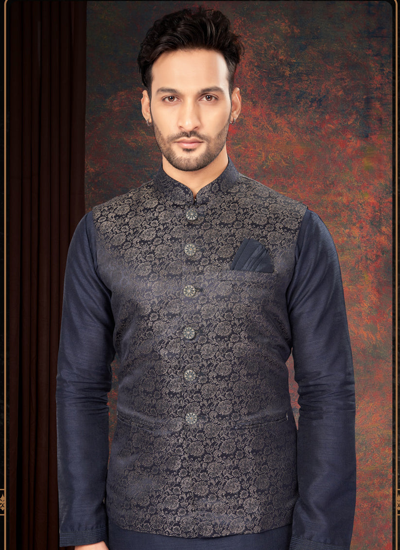 Navy Blue Mens Kurta Pajama Set With Jacket