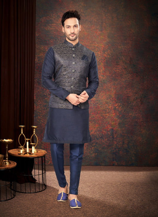 Navy Blue Mens Kurta Pajama Set With Jacket