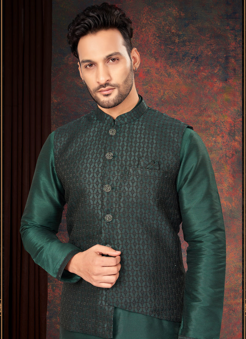 Bottle Green Mens Kurta Pajama Set With Jacket