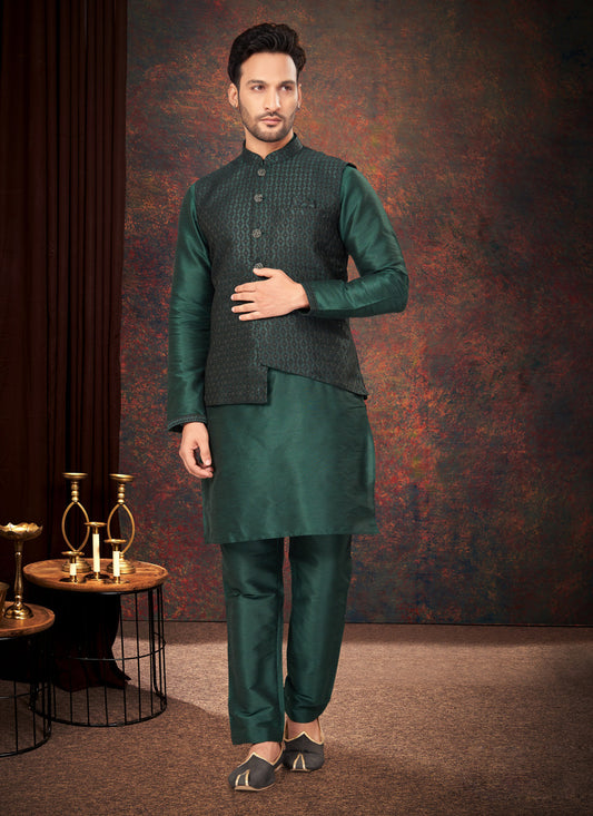 Bottle Green Mens Kurta Pajama Set With Jacket