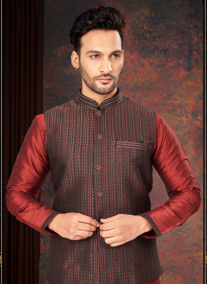 Maroon Mens Kurta Pajama Set With Jacket