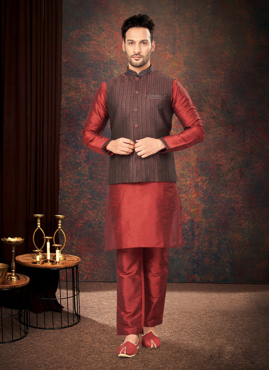 Maroon Mens Kurta Pajama Set With Jacket