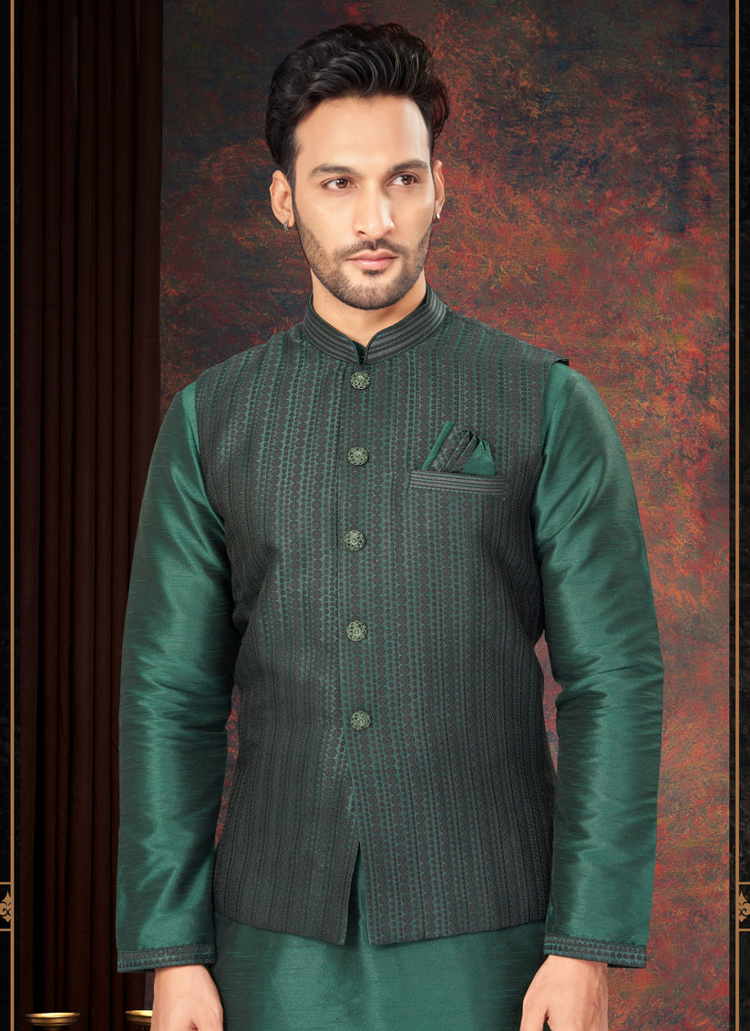 Bottle Green Mens Kurta Pajama Set With Jacket