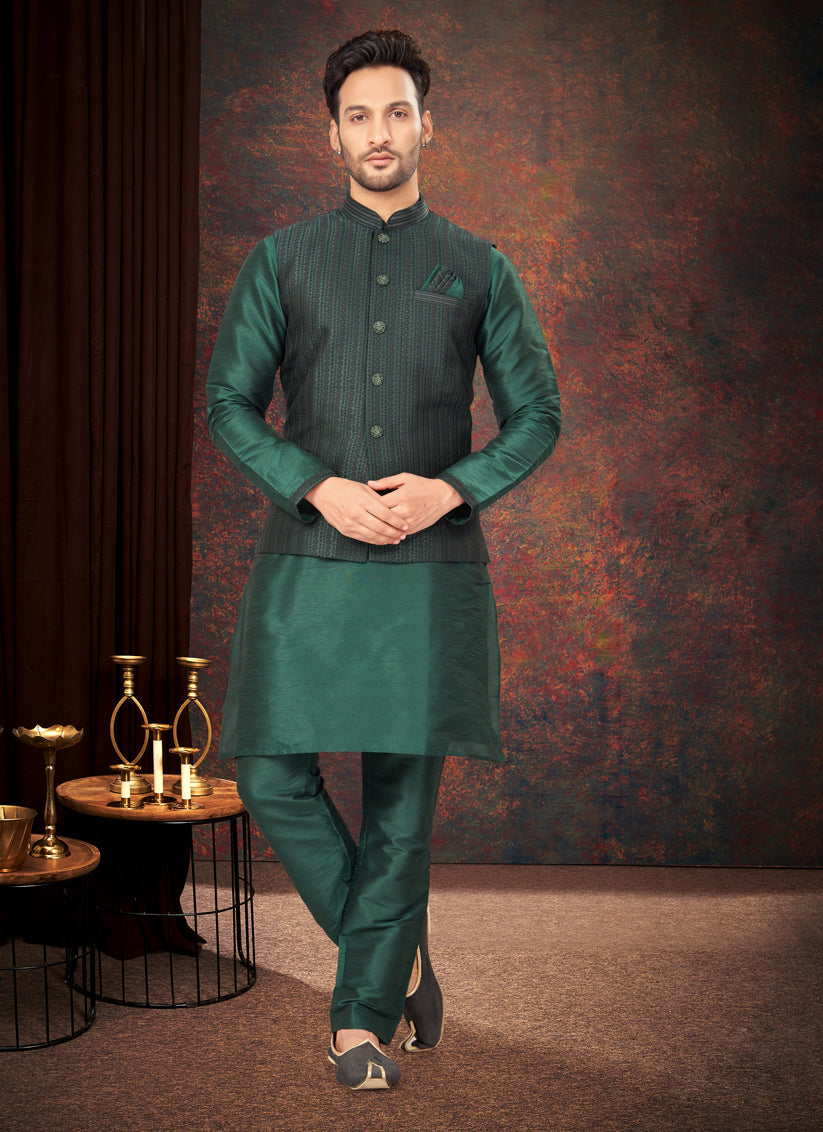 Bottle Green Mens Kurta Pajama Set With Jacket