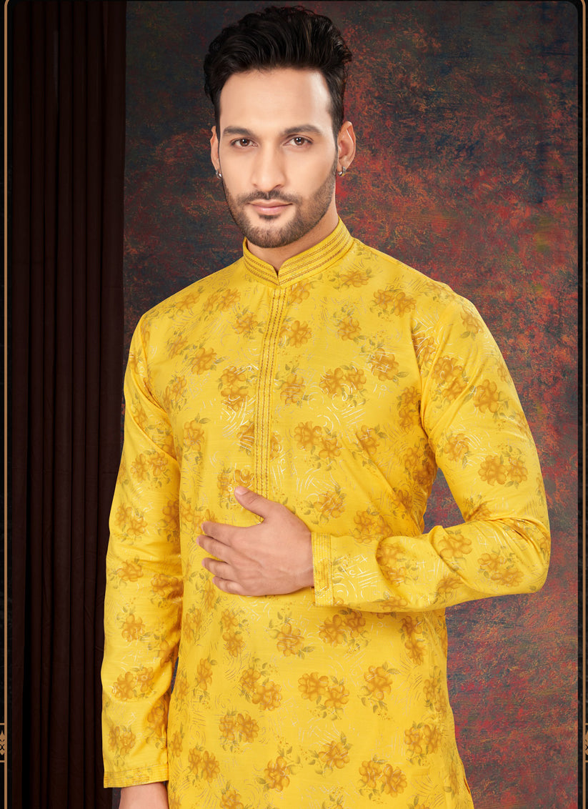 Golden Yellow Mens Kurta Pajama Set