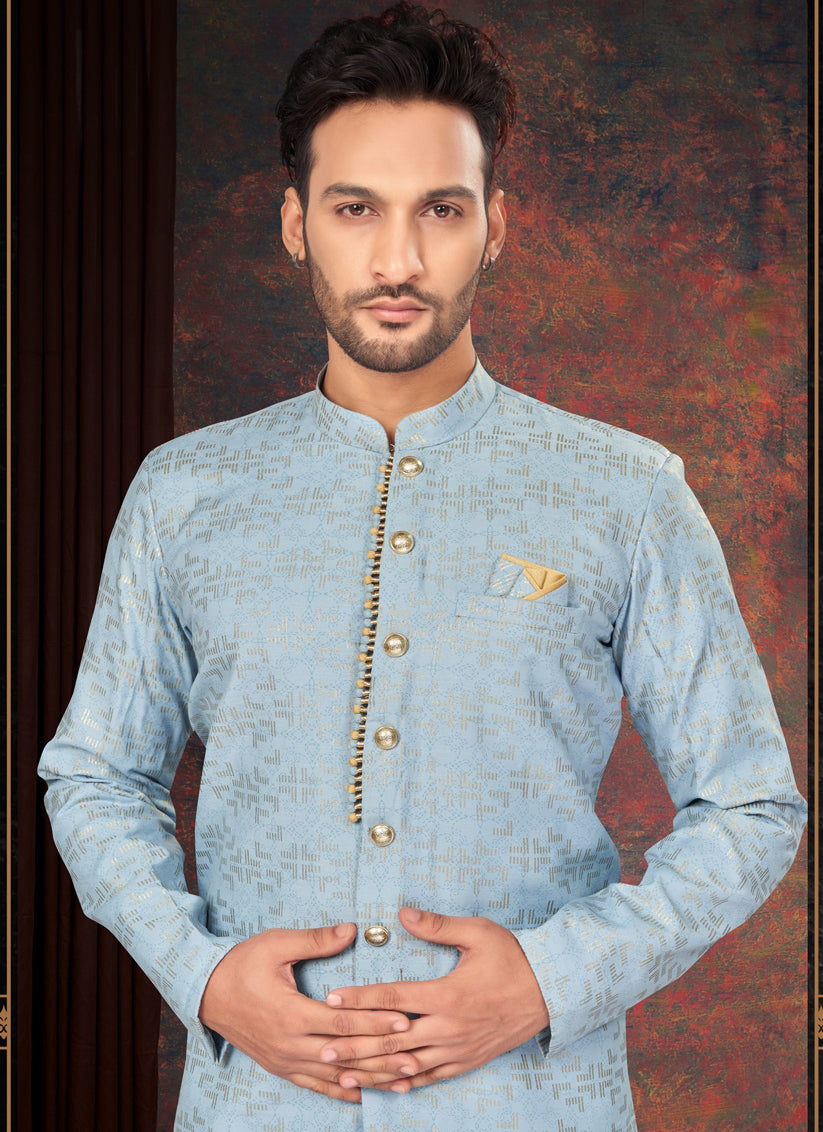 Sky Blue Mens Designer Indo Western