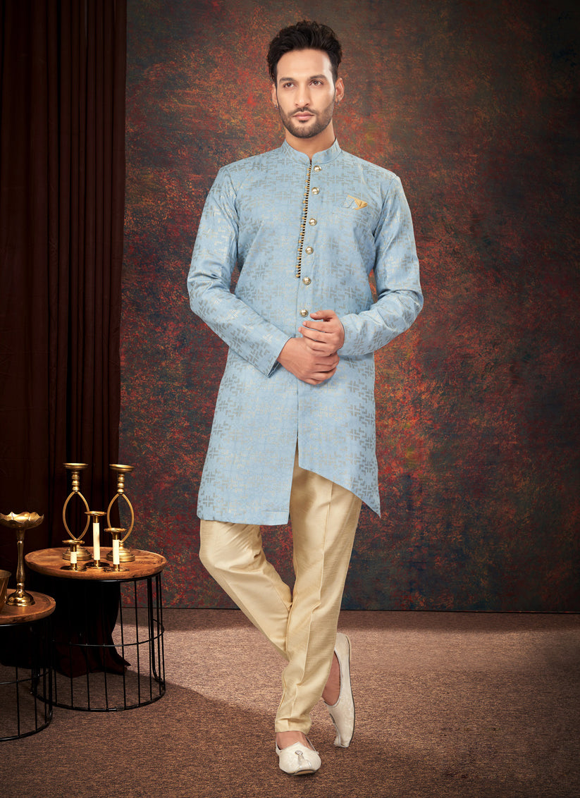 Sky Blue Mens Designer Indo Western