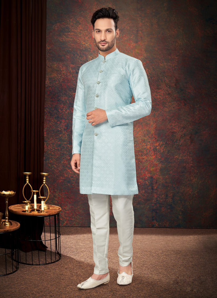 Sky Blue Mens Designer Indo Western