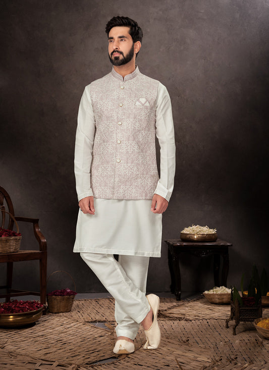 Off White Mens Kurta Pajama Set With Jacket