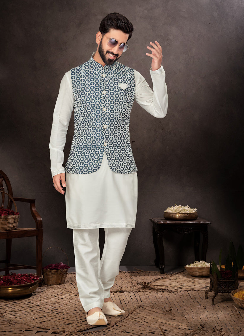 Off White Mens Kurta Pajama Set With Jacket