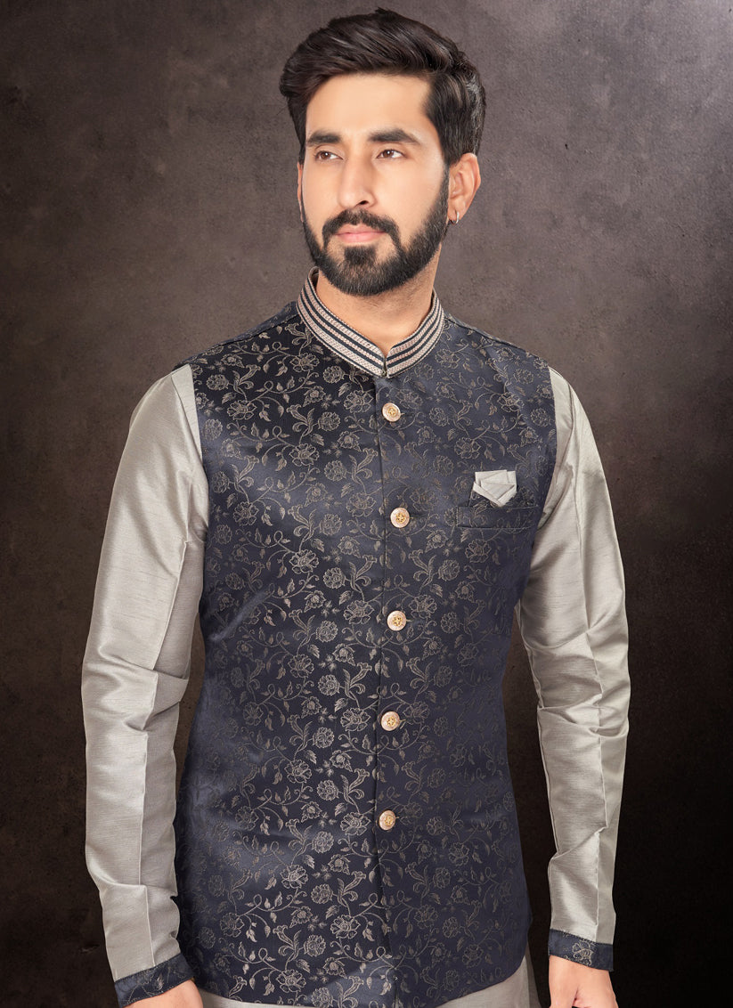 Grey Mens Kurta Pajama Set With Jacket