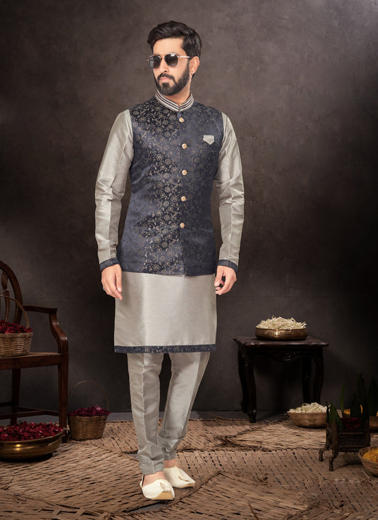 Grey Mens Kurta Pajama Set With Jacket