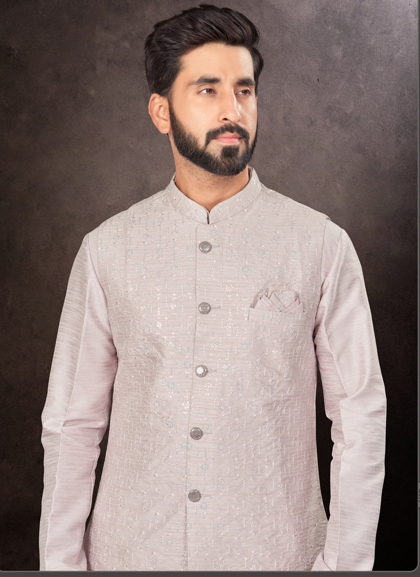 Grey Mens Kurta Pajama Set With Jacket