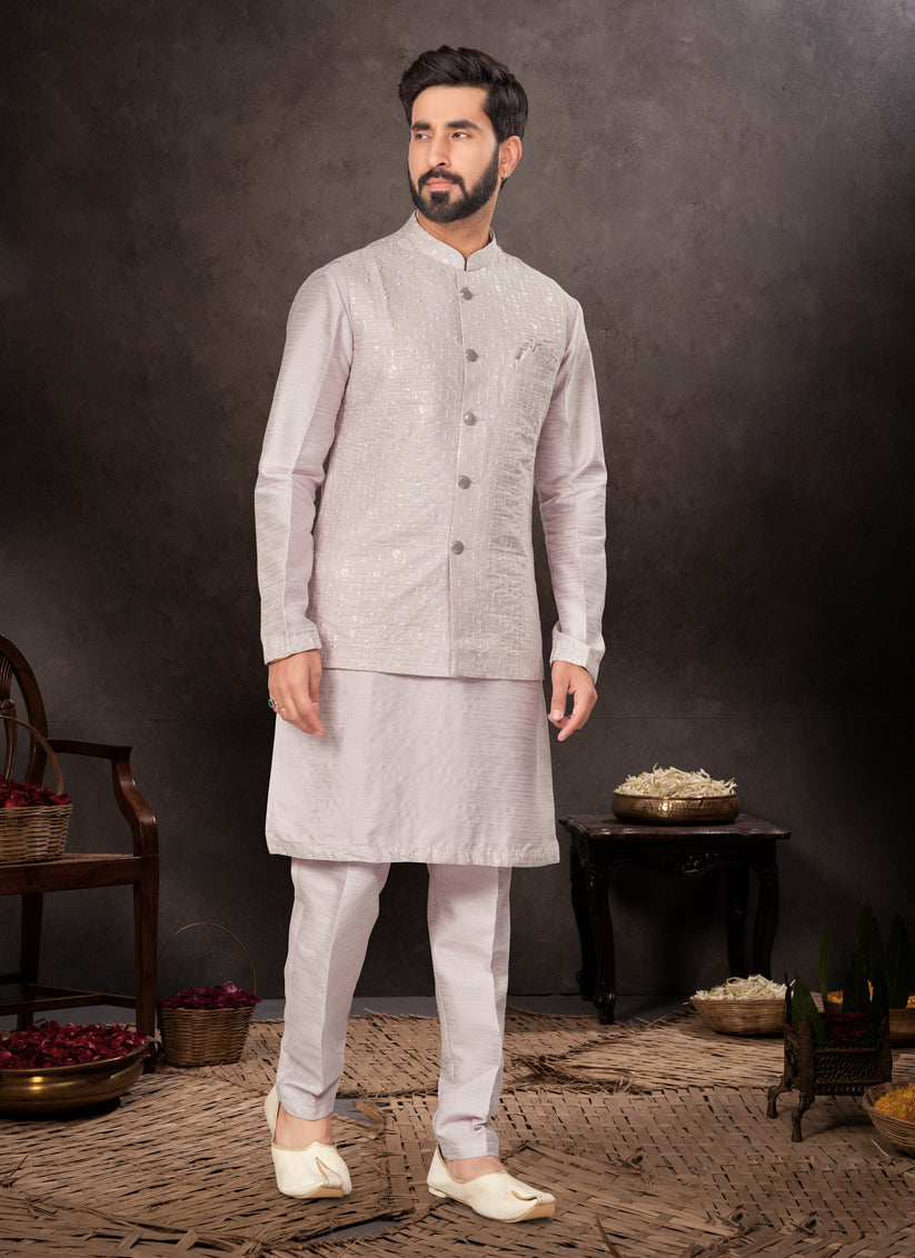 Grey Mens Kurta Pajama Set With Jacket