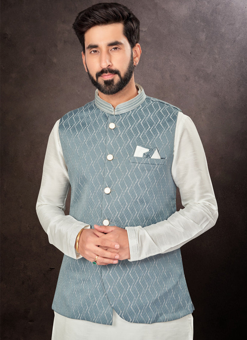 Off White Mens Kurta Pajama Set With Jacket