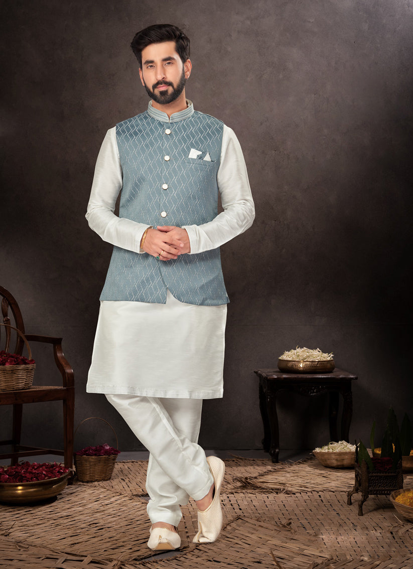 Off White Mens Kurta Pajama Set With Jacket