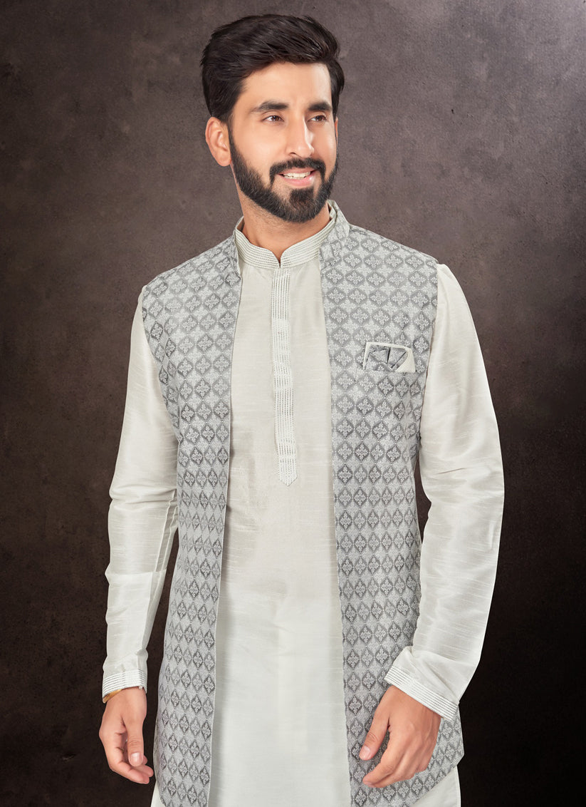 Grey Mens Kurta Pajama Set With Jacket