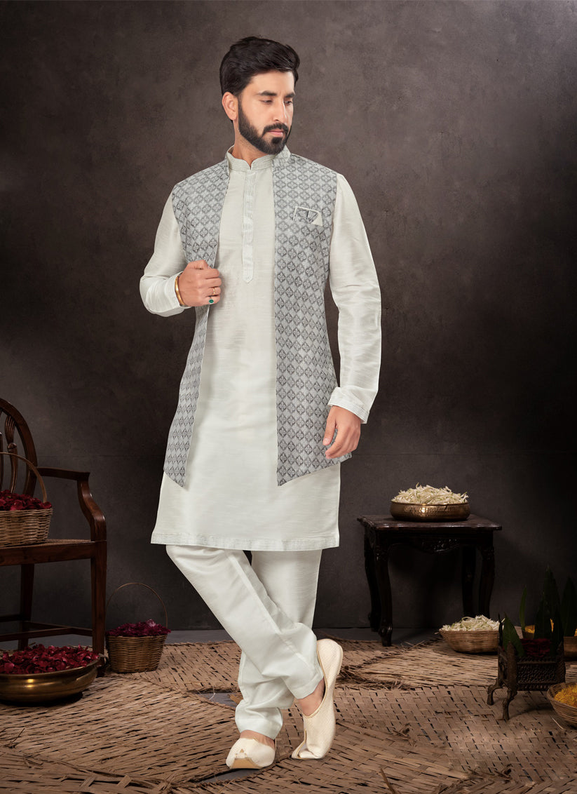 Grey Mens Kurta Pajama Set With Jacket