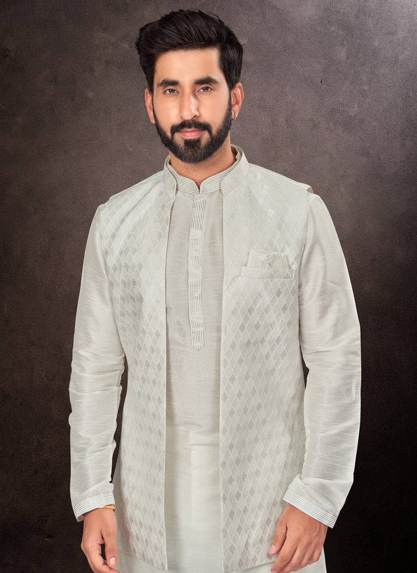 Grey Mens Kurta Pajama Set With Jacket