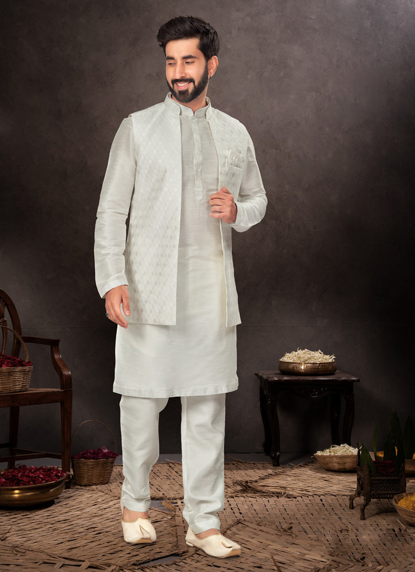 Grey Mens Kurta Pajama Set With Jacket