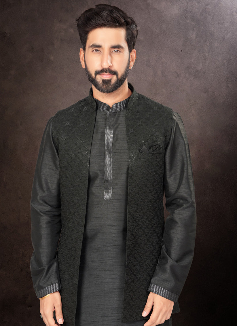 Black Mens Kurta Pajama Set With Jacket