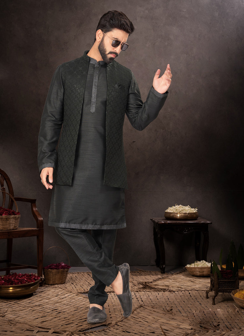 Black Mens Kurta Pajama Set With Jacket