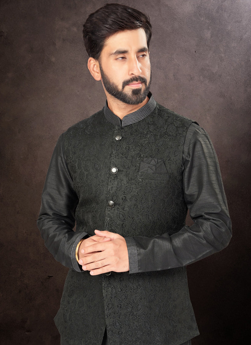 Black Mens Kurta Pajama Set With Jacket