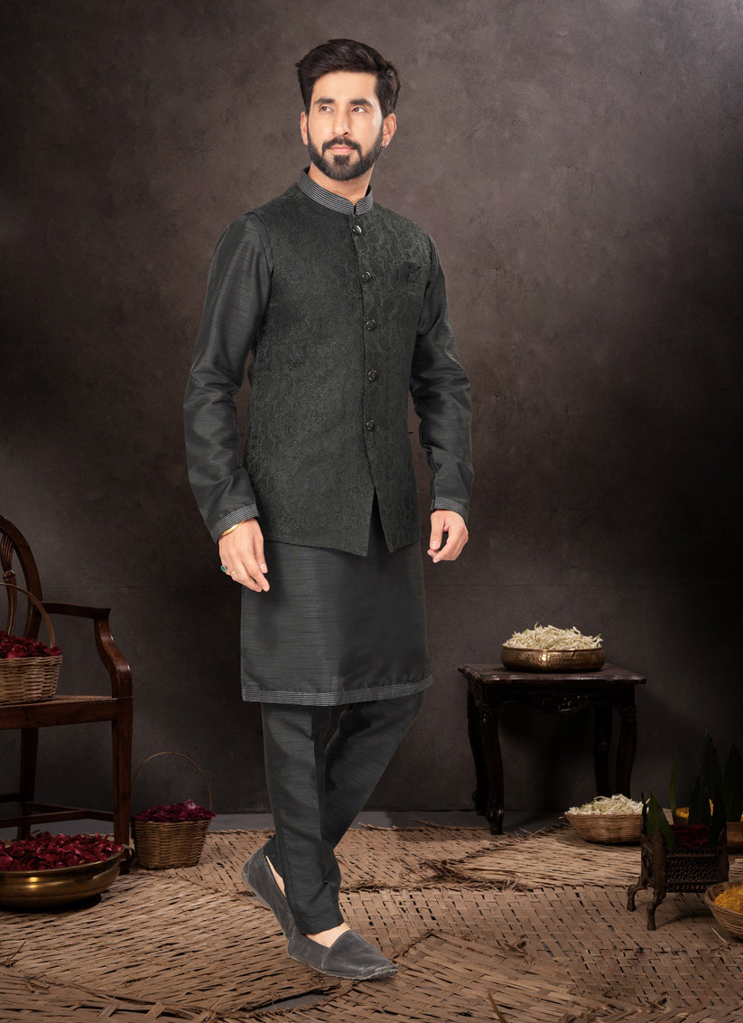 Black Mens Kurta Pajama Set With Jacket