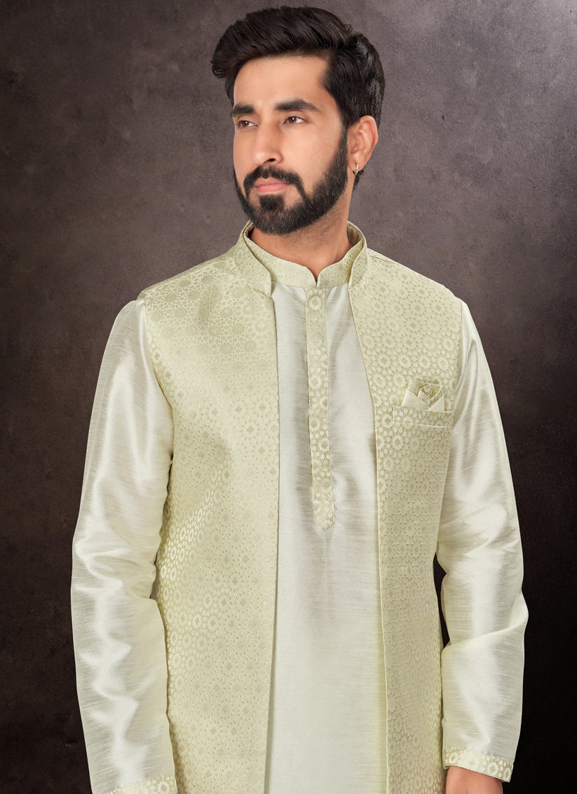 Pastel Green Mens Kurta Pajama Set With Jacket