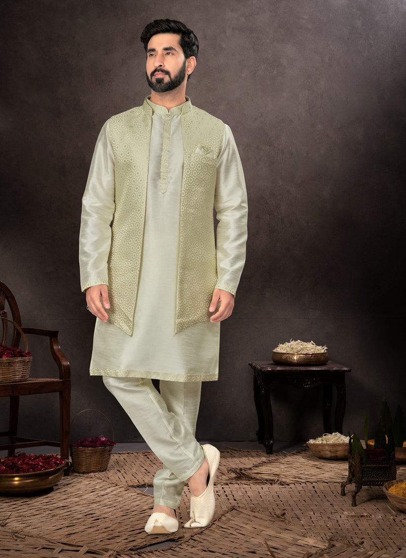 Pastel Green Mens Kurta Pajama Set With Jacket