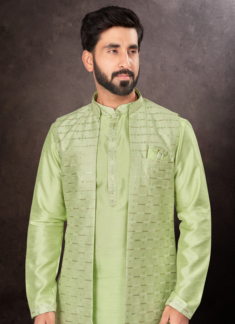 Parrot Green Mens Kurta Pajama Set With Jacket