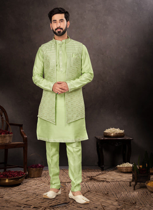 Parrot Green Mens Kurta Pajama Set With Jacket