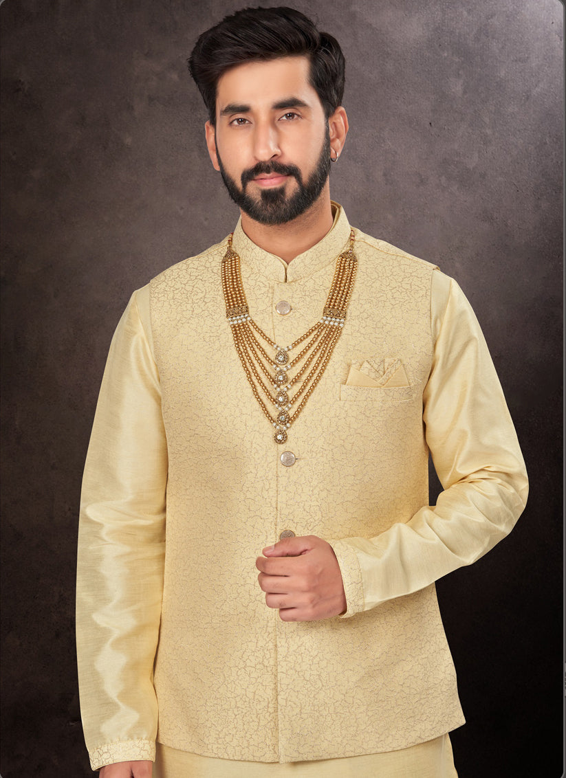 Light Yellow Mens Kurta Pajama Set With Jacket