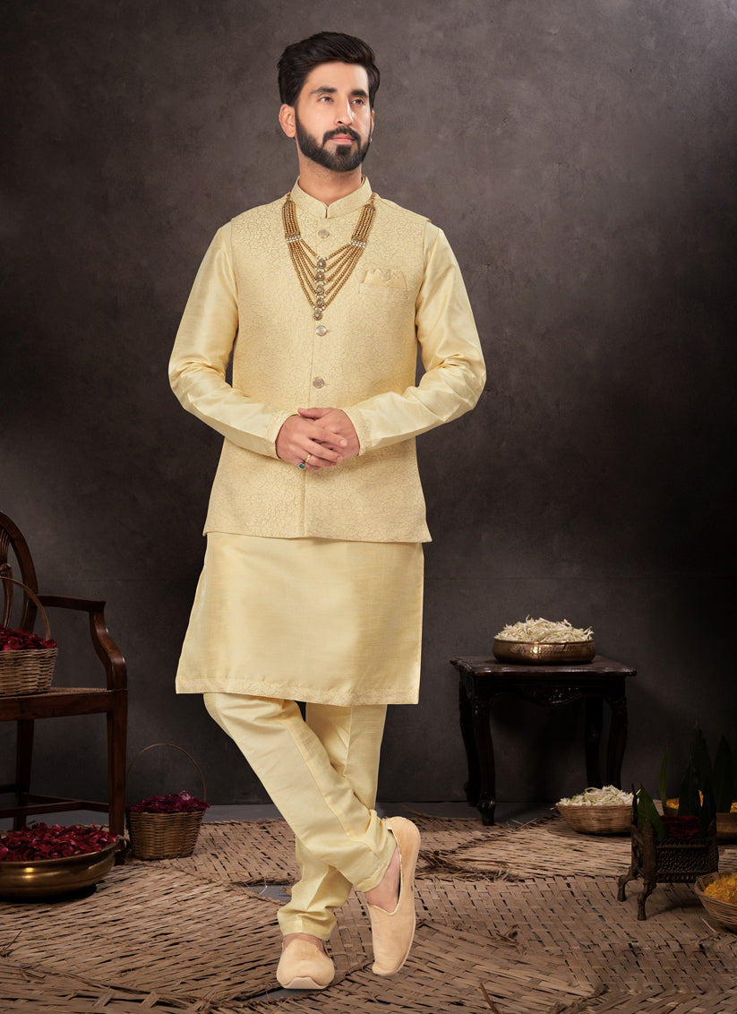 Light Yellow Mens Kurta Pajama Set With Jacket