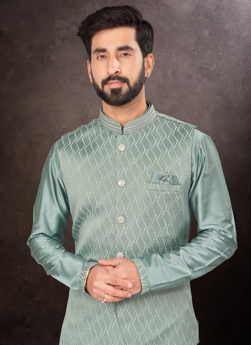 Teal Grey Mens Kurta Pajama Set With Jacket