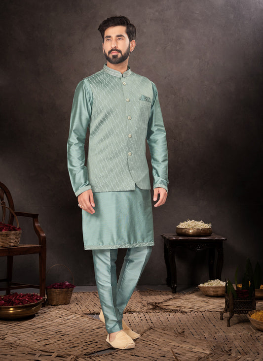 Teal Grey Mens Kurta Pajama Set With Jacket