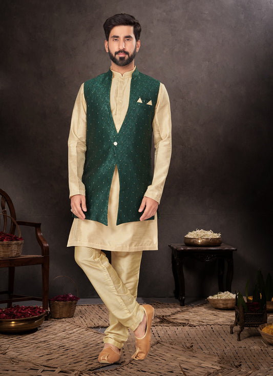 Beige Mens Kurta Pajama Set With Jacket