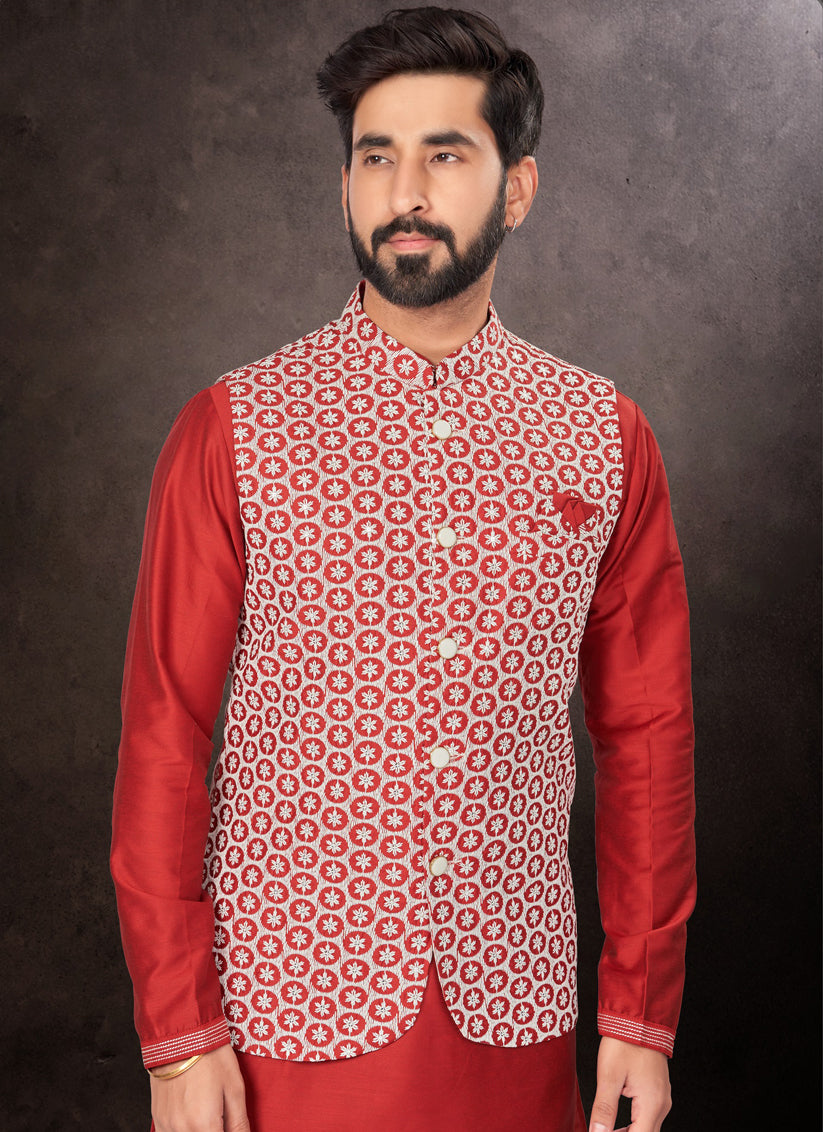 Maroon Mens Kurta Pajama Set With Jacket