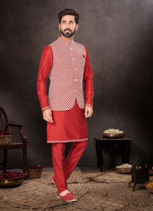 Maroon Mens Kurta Pajama Set With Jacket