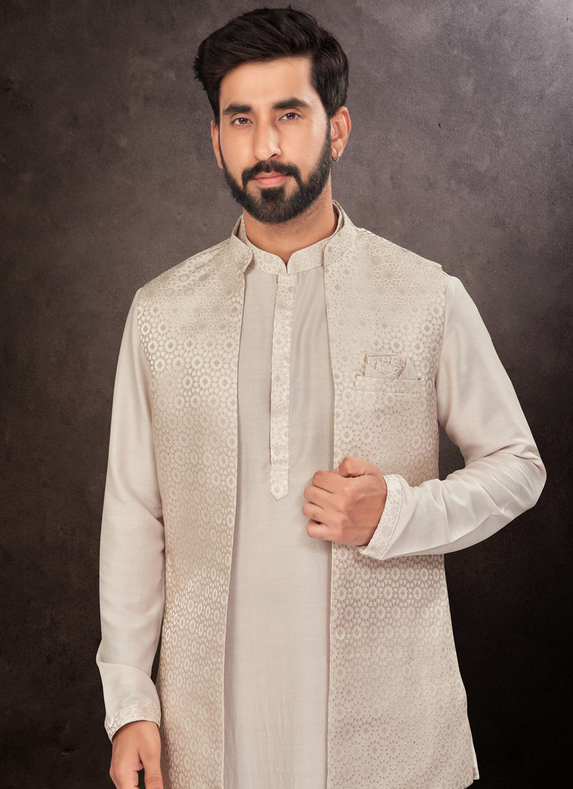 Beige Mens Kurta Pajama Set With Jacket